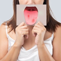 Nose-to-abdomen view of woman holding picture of tongue with lesions over her mouth